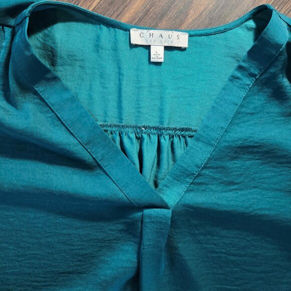 CHAUS, New York Jade Green Classic Style Satin Tunic Blouse SIZE L - Picture 6 of 7